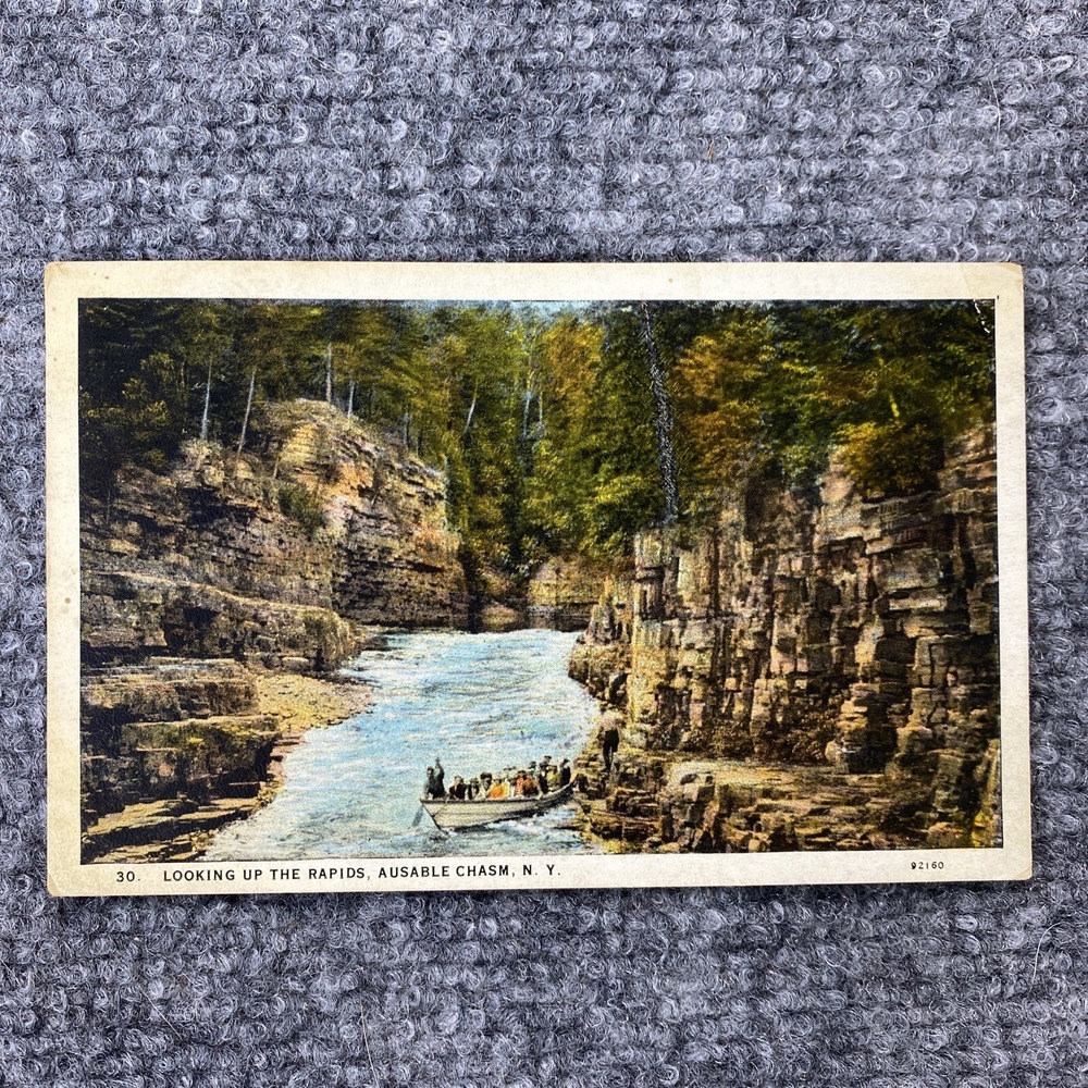 VTG Looking Up The River Ausable Chasm NY Postcard Linen New York Curteich 1930